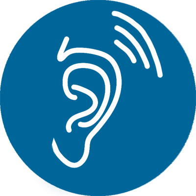 A blue circle with an ear and sound wave
